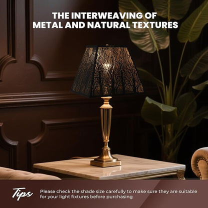 Large Metal Lampshade New Pyramid Shape Design 8'' Top 14'' Bottom 11'' Height ALUCSET Square Bell Shade Lamp Shade Forest Design Black and Gold fits for Table Lamps and Floor Lamps