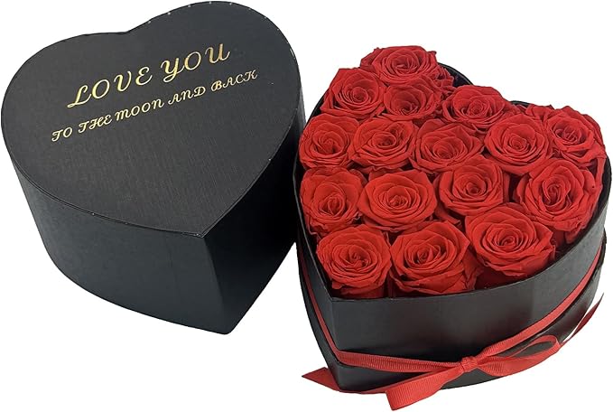 Preserved Roses Heart Shape Box Valentines Day Gifts for Her Mothers Day Forever Flowers (Red, 16 Roses)