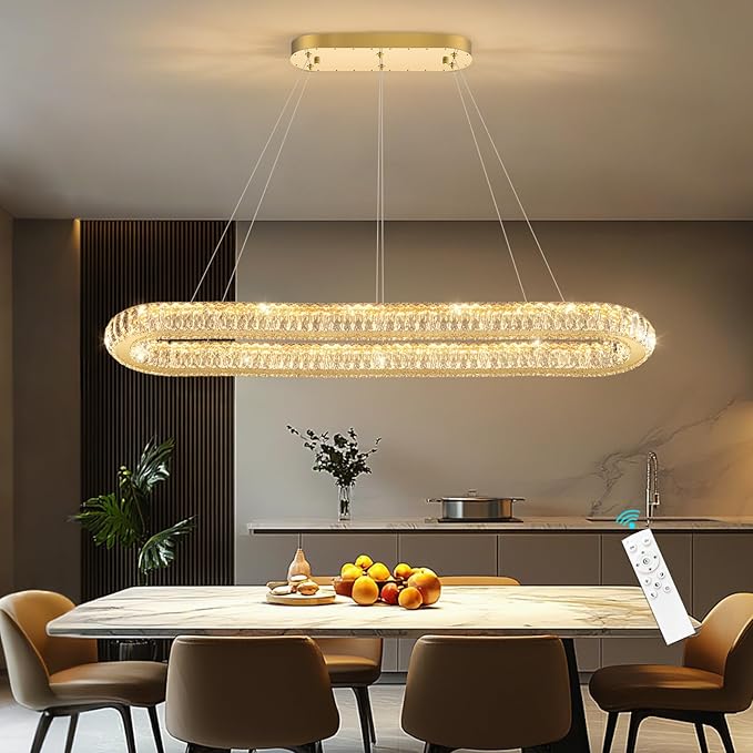 LED Oval Ring Chandelier Crystal Pendant Lighting for Dining Table Kitchen Island Remote Dimmable Hanging Light Chandeliers for Entryway Living Room Lights Gold