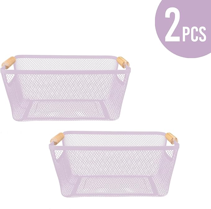 PTSGCAI 2Pack Metal Mesh Steel Basket with Bamboo Handle - Wire Metal Basket for Kitchen Organization, 12" Wide Food Organizer Bin, Perfect for Organizing Bulk Pantry (Purple)