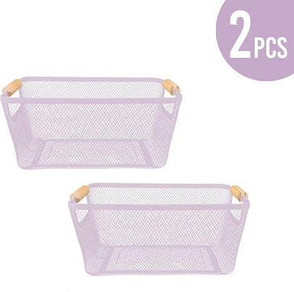 PTSGCAI 2Pack Metal Mesh Steel Basket with Bamboo Handle - Wire Metal Basket for Kitchen Organization, 12" Wide Food Organizer Bin, Perfect for Organizing Bulk Pantry (Purple)