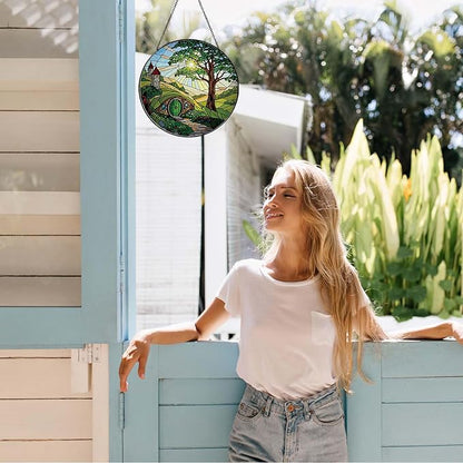 Shire Sun Catcher 7.87'' Stained Glass Window Hanging Gifts for Countryside Lover Women Scenery Wall Decor Handmade Sun Catcher Decoration for Home Garden Housewarming Gifts