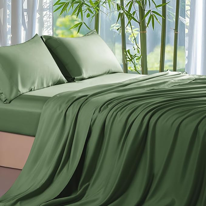 Shilucheng 100% Viscose Derived from Bamboo_ Sheets King Size 4pcs - Ultra Cooling & Silky Soft Bed Sheets, 16" Deep Pocket, Perfect for Hot Sleepers, Hotel Bedding Sheets (Olive)