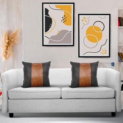 LL LEATHER LOVERS Lambskin Leather Pillow Cover - Sofa Cushion Case - Decorative Throw Covers for Living Room & Bedroom, 14x14 Inches - Black & Tan Crunch Pack of 1