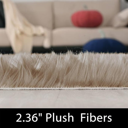Latepis Beige Faux Fur Rug 8x10, Faux Fur Sheepskin Rug for Living Room, Fluffy Washable Fuzzy Rugs Carpet for Bedroom, Luxury Room Decor, Rectangle