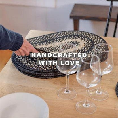 Homespice Manchester Jute Woven Placemats, Country Primitive Decor, Set of 4, Black and Tan 13x19 Rectangle Table Mats - Vibrant Colors, Durable, Easy to Clean and Protects Furniture