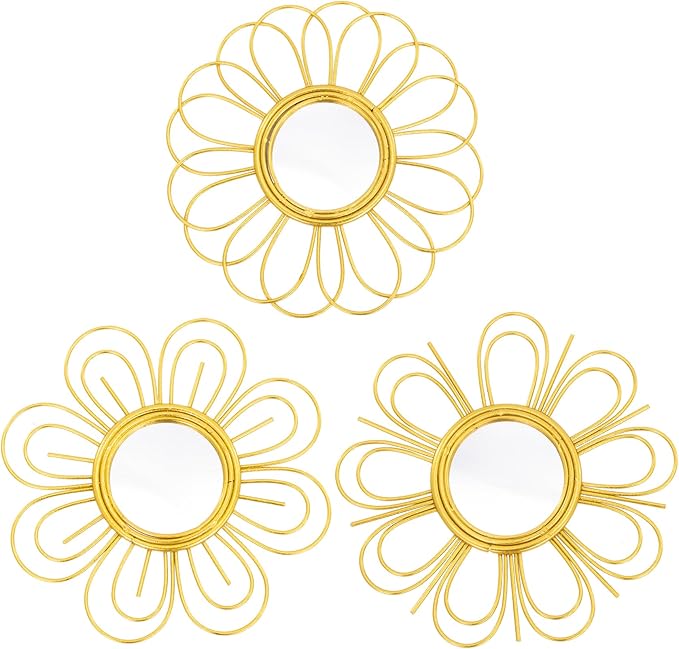 Gold Mirrors 3 Piece, 9 inch Flower-Shaped Mirror Hanging Wall Decor, Christmas Decorative Mirror Wall Art, Round Mirrors for Bedroom,Living Room,Bathroom, House Warming