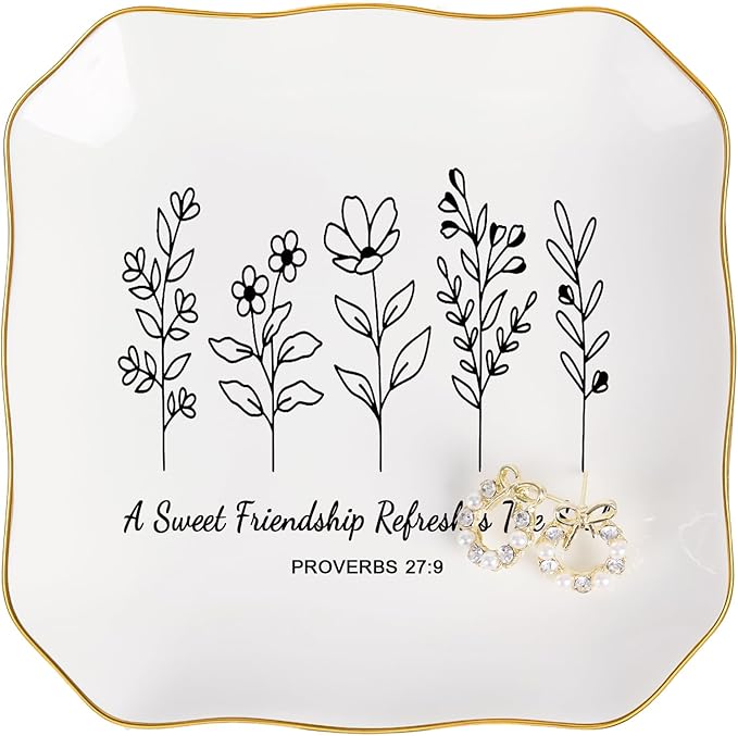 Friendship Gifts for Women Jewelry Dish Trinket Tray - A Sweet Friendship Refreshes The Soul, Christian Birthday Gifts for Women Best Friend Christmas Mothers Day Religious Gift