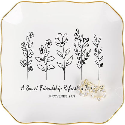 Friendship Gifts for Women Jewelry Dish Trinket Tray - A Sweet Friendship Refreshes The Soul, Christian Birthday Gifts for Women Best Friend Christmas Mothers Day Religious Gift