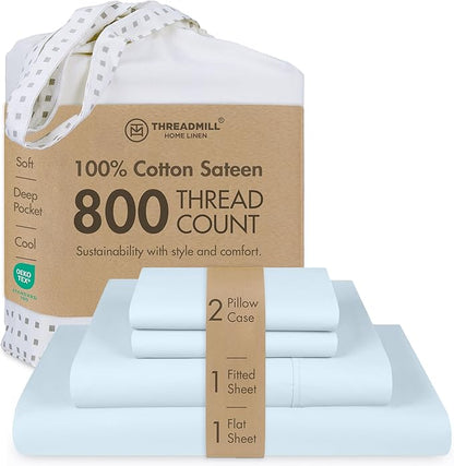 Threadmill Luxury 800 Thread Count King 100% Cotton Sheets - Light Blue Sateen Weave Bed-Sheets, Better Than Egyptian Cotton,4 Pc Solid Soft Bedding Set, Fits 16" Deep Pocket