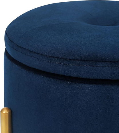 Adeco Upholstered Tufted Round Storage Ottomans, Navy Modern Velvet Footstool with Storage Space and Gold Metal Legs for Couch, Living Room, Bedroom, Entryway