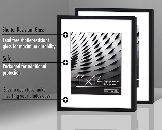 Americanflat 11x14 Picture Frame with Shatter-Resistant Glass - Set of 2 - Use as 8x10 Frames with Mat or Display 11x14 Photo Without Mat - Streamline Collection - Picture Frame Set for Wall - Black