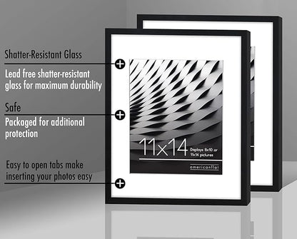 Americanflat 11x14 Picture Frame with Shatter-Resistant Glass - Set of 2 - Use as 8x10 Frames with Mat or Display 11x14 Photo Without Mat - Streamline Collection - Picture Frame Set for Wall - Black