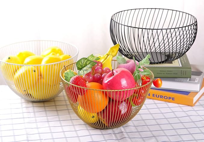 IBWell Wire Fruit Basket Fruit Bowl Kitchen Fruit Basket Stand Fruit Bowls for the Counters Metal Fruit Bowl (Exposure) (Round-Gold)