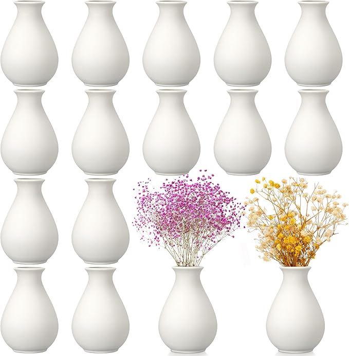 Tioncy 15 Pack White Ceramic Bud Vases Bulk Christmas Decoration 3.9 Inch Boho Small Flower Ceramic Vases for Centerpieces for Dry Flowers Pampas Garss Home Wedding Table Decor(Classic)