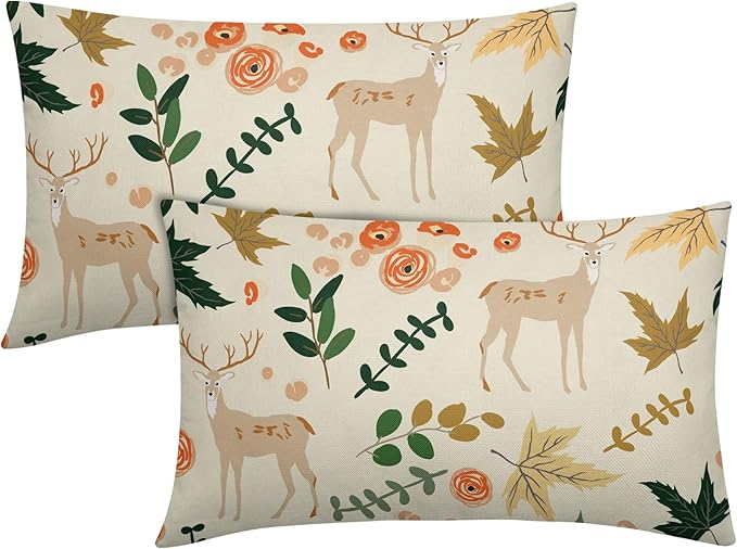 Deer Fall Pillow Covers 12x20 Set of 2 Green Cream Maple Leaf Autumn Outdoor Christmas Pillows Case Animal Print Pattern Decorative Xmas Cushion Cover Rustic Decoration Farmhouse Sofa Couch Bed Decor