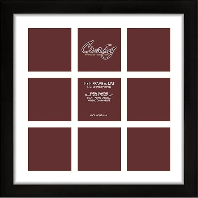 Craig Frames 1WB3BK 14 by 14-Inch Black Picture Frame, Single White Collage Mat with 9-4 by 4-Inch Openings