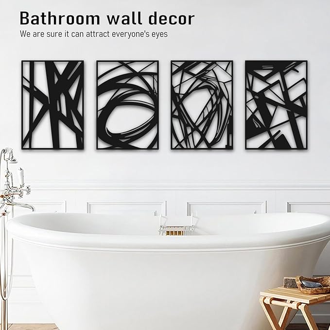 Black Abstract Wall Art, Metal Art Wall Decor, Modern Large Wall Art, 3D Abstract Wall Sculptures for Bedroom Bathroom Living Room (4 Pack, 22.5 x 16 in)