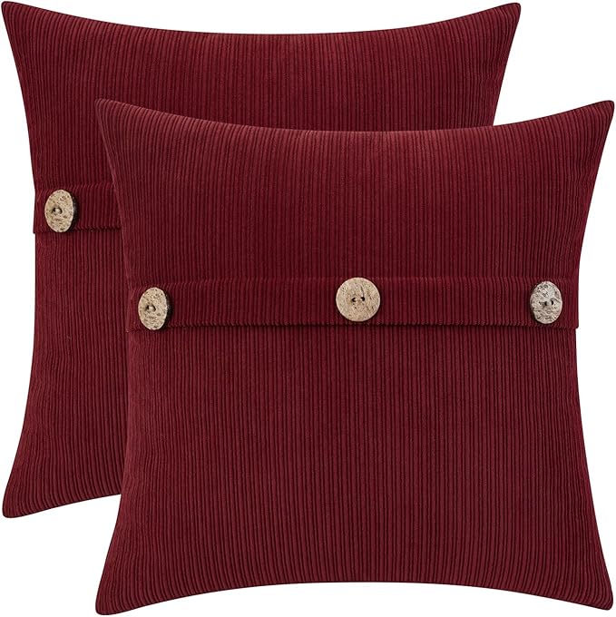 HWY 50 Burgundy Red Chenille Throw Pillow Covers 22x22 Inch with Triple Buttons, Soft Farmhouse Accent Decorative Cushion Cases for Couch Sofa Bed Living Room Pack of 2