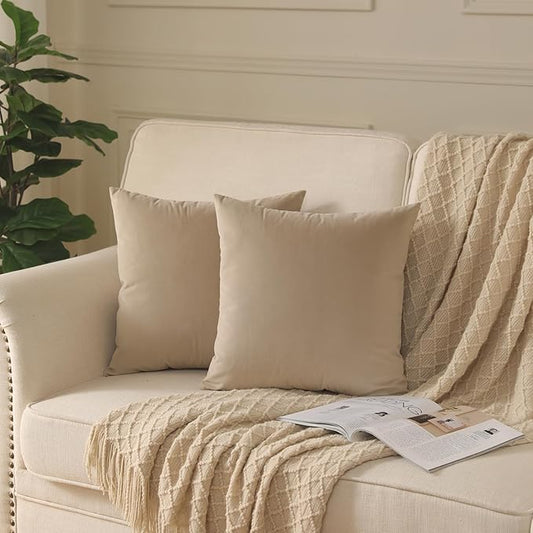 Set of 2 Velvet Throw Pillow Covers for Couch and Bed - 18"x18", Oatmeal
