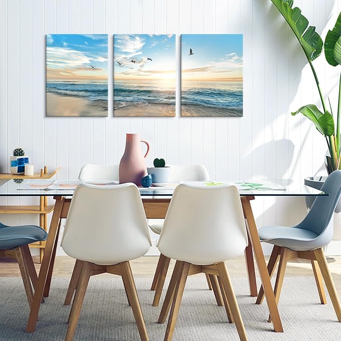 Goldfoilart Ocean Beach Sunset Canvas Wall Art for Bathroom Seascape Seagull Paintings Coastal Picture Framed Artwork for Bedroom Living Room Office Wall Decor 12 x 16Inch x 3pcs