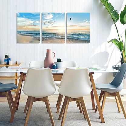 Goldfoilart Ocean Beach Sunset Canvas Wall Art for Bathroom Seascape Seagull Paintings Coastal Picture Framed Artwork for Bedroom Living Room Office Wall Decor 12 x 16Inch x 3pcs