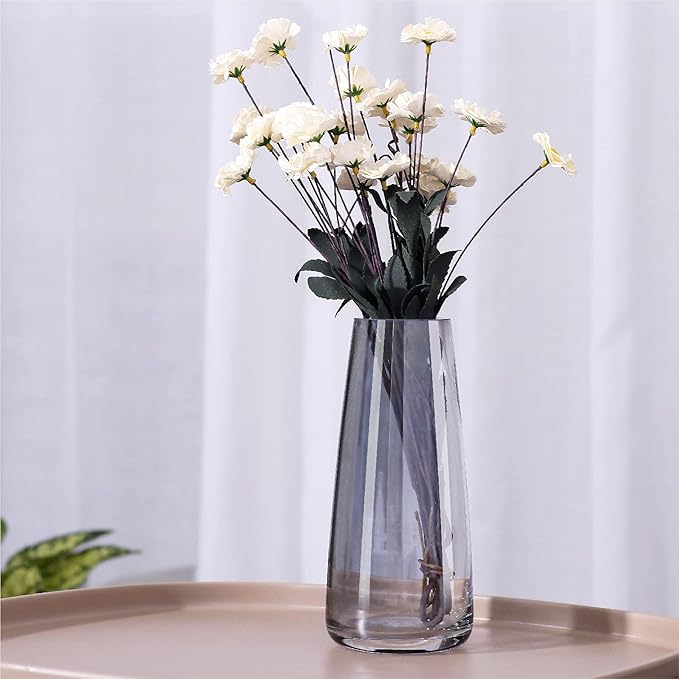 Ekirlin Modern Glass Vase, 8.7 inch Irised Crystal Clear Glass Vase, Thickened Hand Blow Flower Vase Round Bottles for Home Decor, Bookshelf, Room, Office Decor (Crystal Grey)