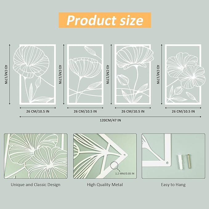 ESTART 4 Pieces Metal Lotus Wall Decor Abstract Floral Aesthetic Splicing Line Art Minimalist Wall Decor for Bedroom Flowers Hanging Wall Sculpture for Living Room Kitchen Office and Yoga Room (White)
