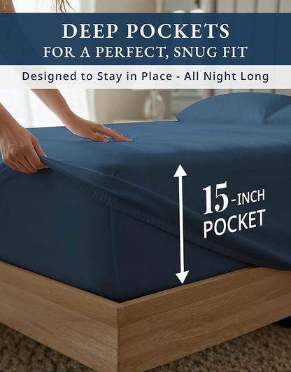 LANE LINEN 100% Egyptian Cotton Twin XL Sheet Sets - 1000 Thread Count, 15 inch Deep Pocket Fully Elasticized French Reinforced Pocket Seams for Soft, Eco Friendly Cooling Sheets Twin XL -Estate Blue