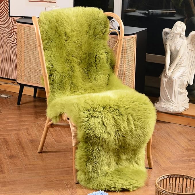 LLB Genuine Sheepskin Area Rug Wool Rug Fur Carpet Fluffy Shaggy Fur Rug for Living Room Kids Bedroom Real Sheepskin Throw Rugs Sofa Mat Chair Seat Covers (Pea Green, 2 x 6 ft Sheepskin)