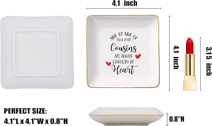 Topthink Side by or Miles Apart Cousins Are Always Connected Heart - Ceramic Jewelry Holder Ring Dish Trinket Tray Birthday Christmas Graduation Wedding Long Distance Going Away Gift for Cousin Her