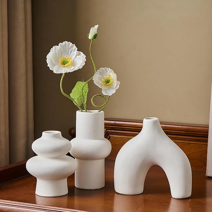 Ceramic Farmhouse Vase Set of 3, Rustic Centerpiece Vases for Fresh Dried Flowers Pampas Grass Bouquets, Boho Home Decor for Living Room Kitchen Entryway Table Mantel, Wedding Decor