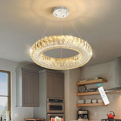 Modern Chandelier Crystal LED Dimmable Ring Pendant Lights Adjustable Hanging Lighting Chandeliers Fixtures for Dining Room Bedroom Kitchen Island Table Silver Light