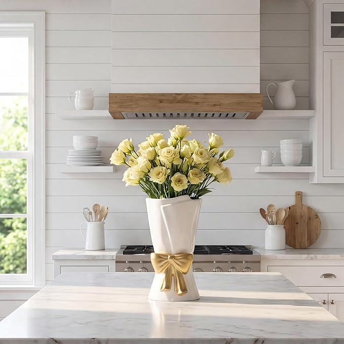 Fully Glazed White Ceramic Gold Bow Vase 9.64 in Unique Cute Modern Decorative Bouquet Flower Vases for Home Living Room Table Valentine's Day Decor Women Girl Gifts