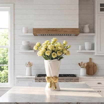 Fully Glazed White Ceramic Gold Bow Vase 9.64 in Unique Cute Modern Decorative Bouquet Flower Vases for Home Living Room Table Valentine's Day Decor Women Girl Gifts