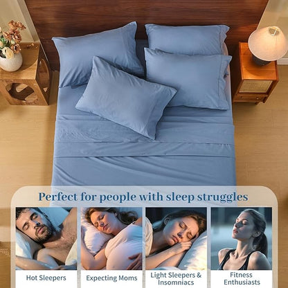 MEISHANG 100% French Pure Linen Sheets California King - Bed Sheets 4 Piece Sets, Soft Durable Flax Linen, Anti-Tear Breathable Oeko-Tex Certified with 16" Deep Pocket (Dusty Blue)