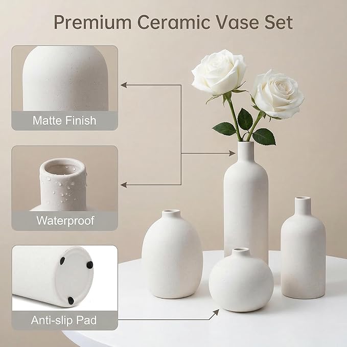 Ceramic Vase Set of 4, Modern Minimalist Colors Home Decor, White Decorative Flowers Vases for Bouquet, Pampas | Table Mantel Centerpiece Bookshelf Living Room Bedroom (White Set of 4)