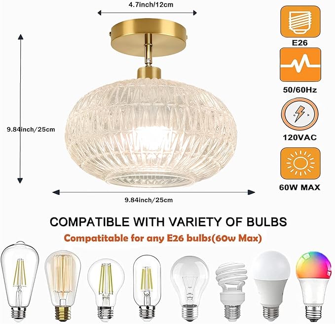 Gold Semi Flush Mount Ceiling Light Fixture,Hallway Light Fixtures,Industrial Close to Ceiling Mount,Globe Glass Ceiling Fixture,Vintage Ceiling Lamp,Farmhouse Lighting for Bathroom