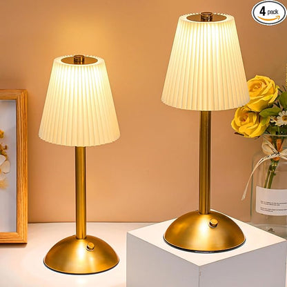 Liliful 4 Pcs Cordless Table Lamp Rechargeable Touch LED Small Gold Portable Battery Operated USB-c Desk Lamp 3 Color Dimmable for Bedroom Living Room Dining (Gold,Beige Cloth Style)