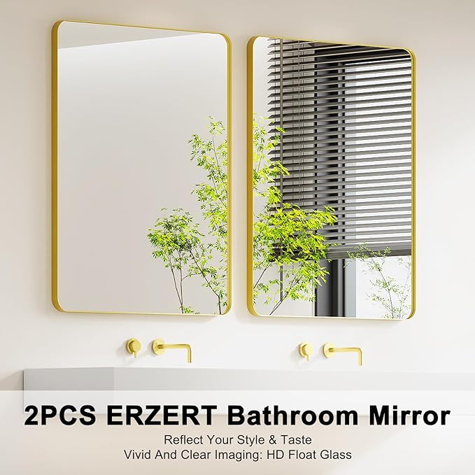 Bathroom Mirrors for Over Sink,2Pcs 24x36Inch Vanity Mirrors for Wall,Gold Metal Frame Rectangle Mirrors for Bathroom, Farmhouse,Restroom,Hangs Horizontally or Vertically