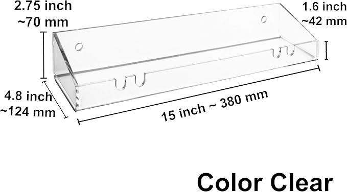 AMT 4 Pack Acrylic Floating Shelves, 15"L x 4.8"W, Clear Bathroom Wall Shelves, Bookshelves, Invisible Shelf For Office, Bedroom, Kitchen, Design with Hanging Slots for Sponge, Free Screws & Drill Bit