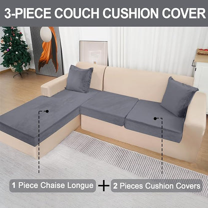 Sectional Couch Covers for 3-Piece Seat Cushion Velvet Separate L Shape Couch Cover Stretch Sofa Slipcover with 2 Pieces Pillowcases Furniture Protector (Sofa 2 Seater + 1 Chaise, Dark Grey)
