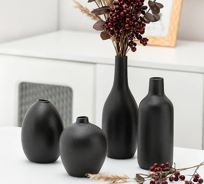 Black Ceramic Flower Vase Set of 4, Modern Farmhouse Decorative Vases for Bookshelf, Dining Room Coffee Console Table Centerpieces