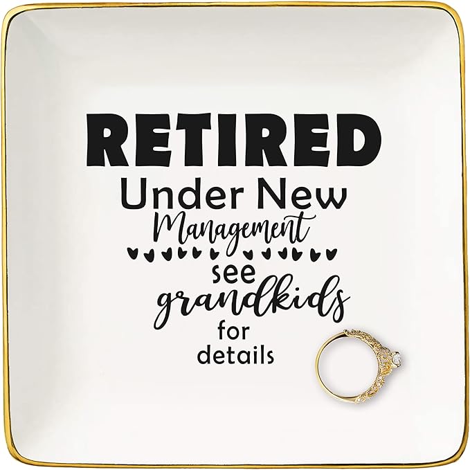 Retired Under New Management - Happy Retirement Gift - Funny Colleagues Goodbye Leaving Gifts for Coworkers Boss Leader Teacher - Appreciate Christmas Jewelry Tray Trinket Holder Ring Dish