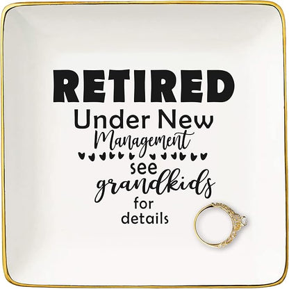 Retired Under New Management - Happy Retirement Gift - Funny Colleagues Goodbye Leaving Gifts for Coworkers Boss Leader Teacher - Appreciate Christmas Jewelry Tray Trinket Holder Ring Dish