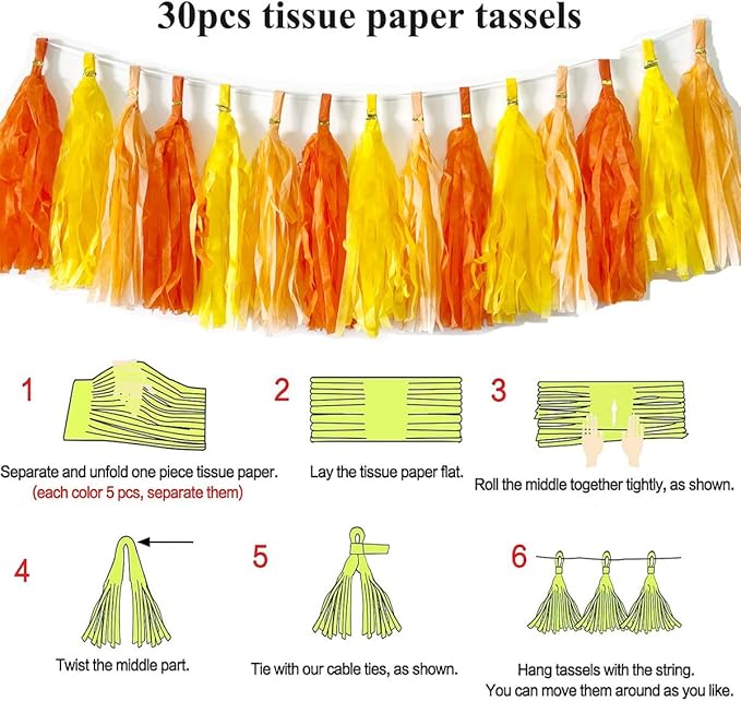 30pcs Paper Tassels Garland Banner Tissue Paper Tassel DIY Hanging Paper Decorations Party Tassel Garland Decor Baby Shower Nursery Wedding Festival Baby Shower Decoration(30, Yellow Orange)