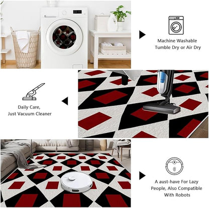 Plaid Rug 8x10, Vintage Geometric Soft Ultra Soft Faux Wool Low Pile Rug, Indoor Floor Mats Carpet, Non-Slip Stain Resistant Washable Rugs, Modern Red Rugs for Living Room Home Office Decor