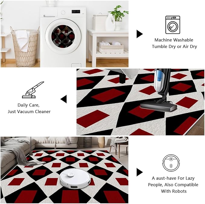 Plaid Rug 3x4, Vintage Geometric Soft Ultra Soft Faux Wool Low Pile Rug, Indoor Floor Mats Carpet, Non-Slip Stain Resistant Washable Rugs, Modern Red Rugs for Living Room Home Office Decor