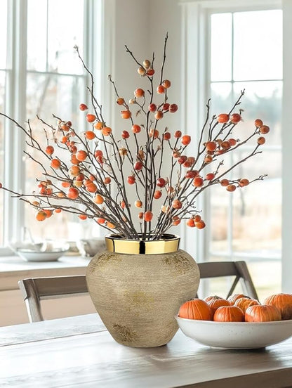 Rustic Ceramic Vase with Gold Rim – 9" Decorative Flower Vases for Living Room, Dining Table Centerpiece & Shelf Décor – Modern Farmhouse, Boho & Contemporary Home Accents