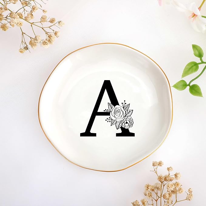 JoycuFF Initial A Ceramic Jewelry Tray, Bridesmaid Bride Gifts, Engagement Birthday Best Friend Mom Grandma Sister Gifts for Women, Trinket Dish for Rings Earrings Necklaces Bracelets Keys